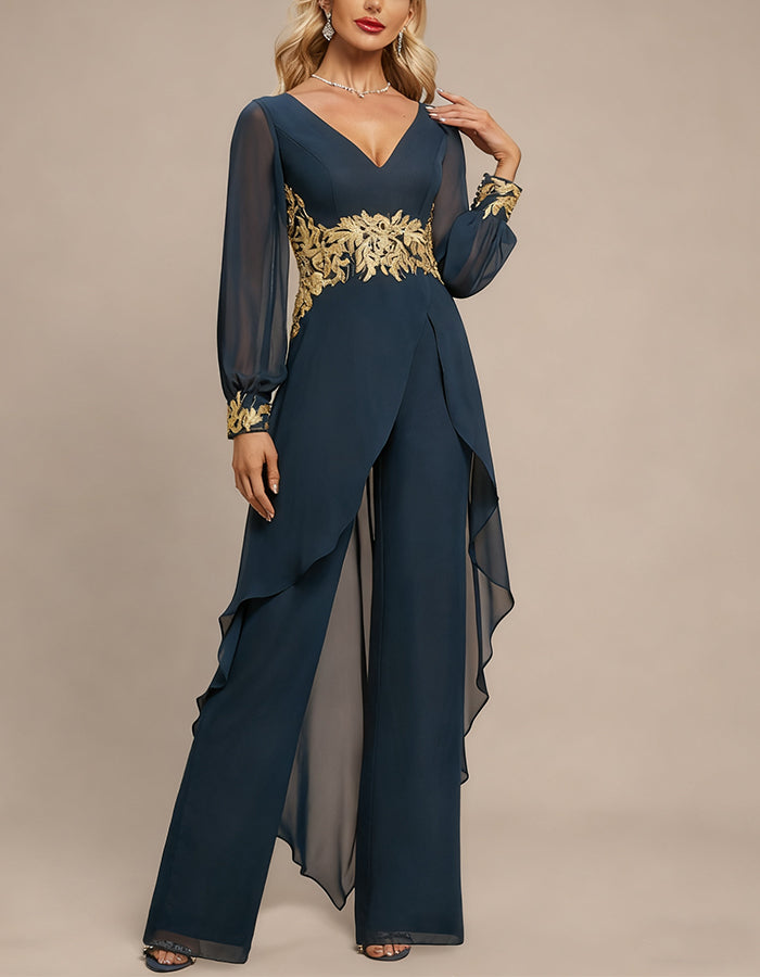 Blue V-neck Chiffon Jumpsuit