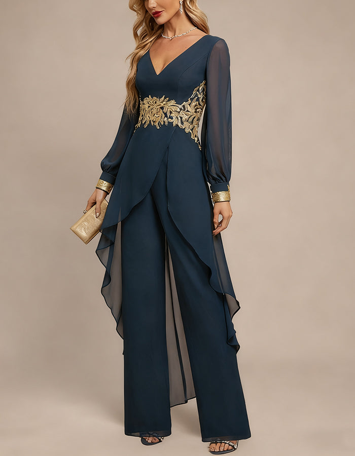 Blue V-neck Chiffon Jumpsuit