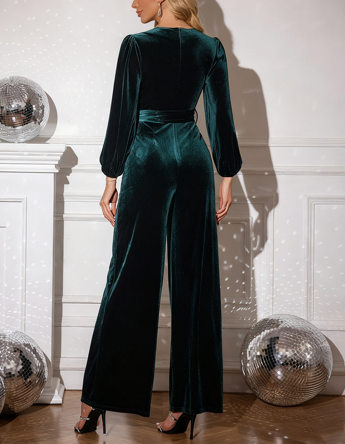 Dark Green V-neck Velvet Jumpsuit