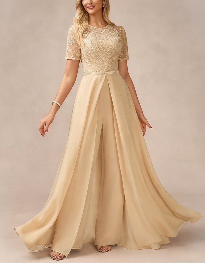 Champagne Colored Round Neck Short Sleeved Lace Chiffon Jumpsuit
