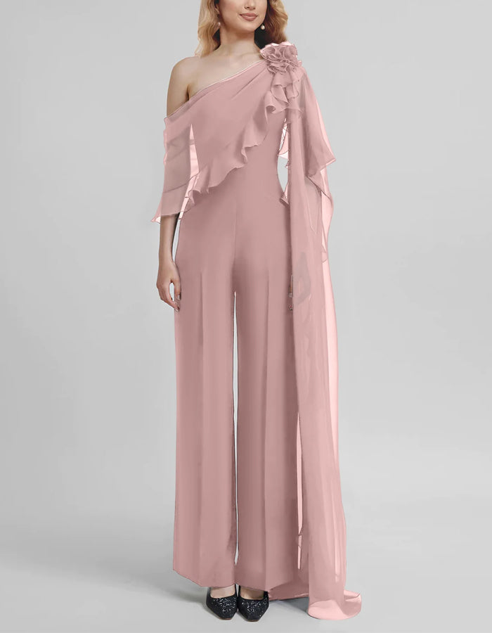 Solid Color One Shoulder Chiffon 3D Flower Jumpsuit