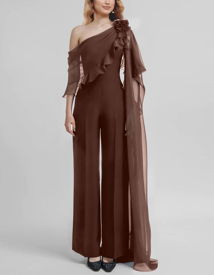 Solid Color One Shoulder Chiffon 3D Flower Jumpsuit