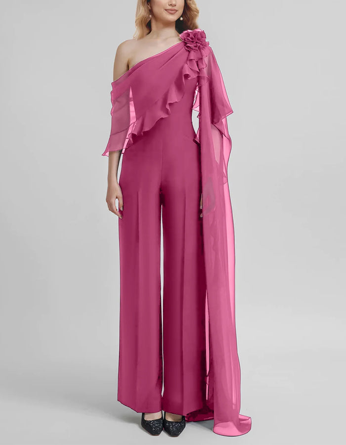 Solid Color One Shoulder Chiffon 3D Flower Jumpsuit