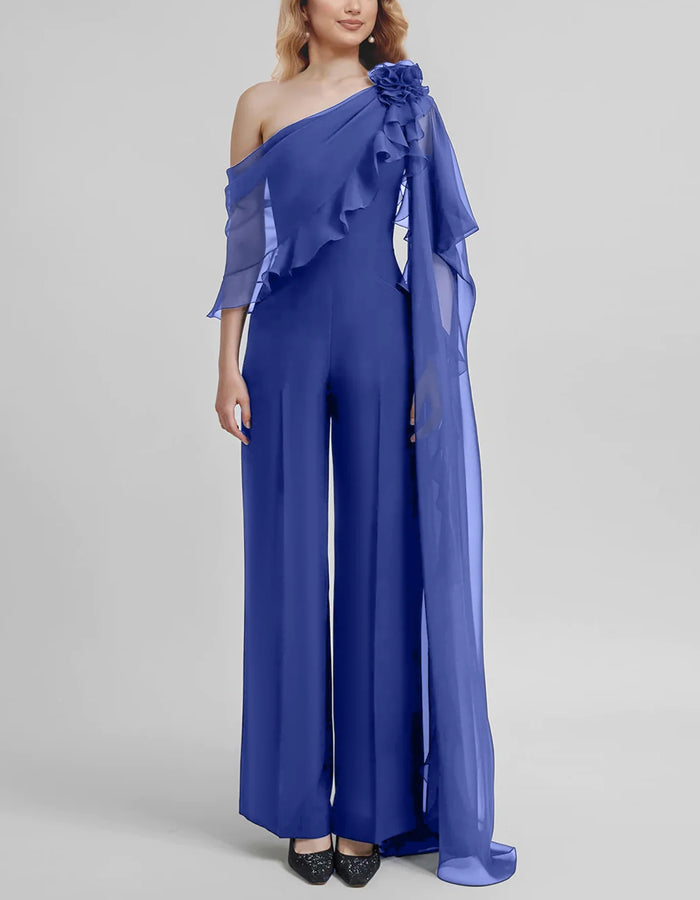Solid Color One Shoulder Chiffon 3D Flower Jumpsuit