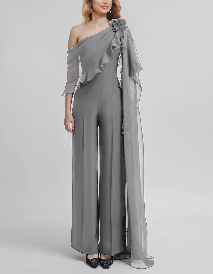 Solid Color One Shoulder Chiffon 3D Flower Jumpsuit