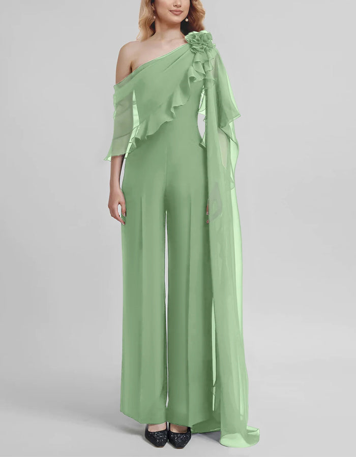 Solid Color One Shoulder Chiffon 3D Flower Jumpsuit