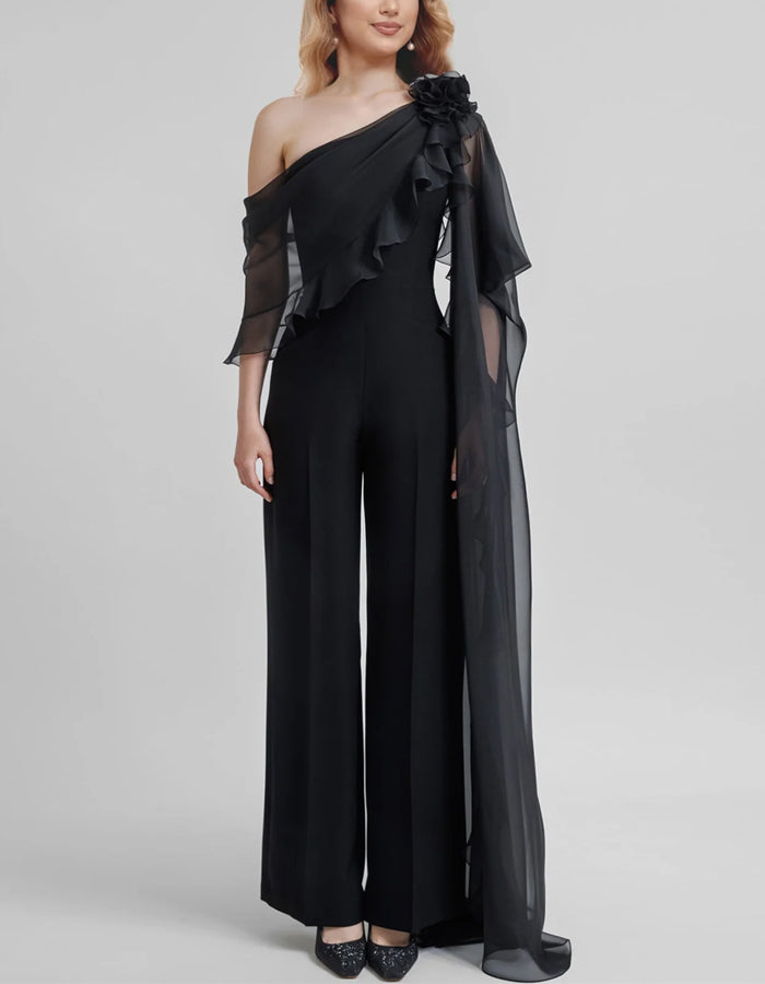 Solid Color One Shoulder Chiffon 3D Flower Jumpsuit