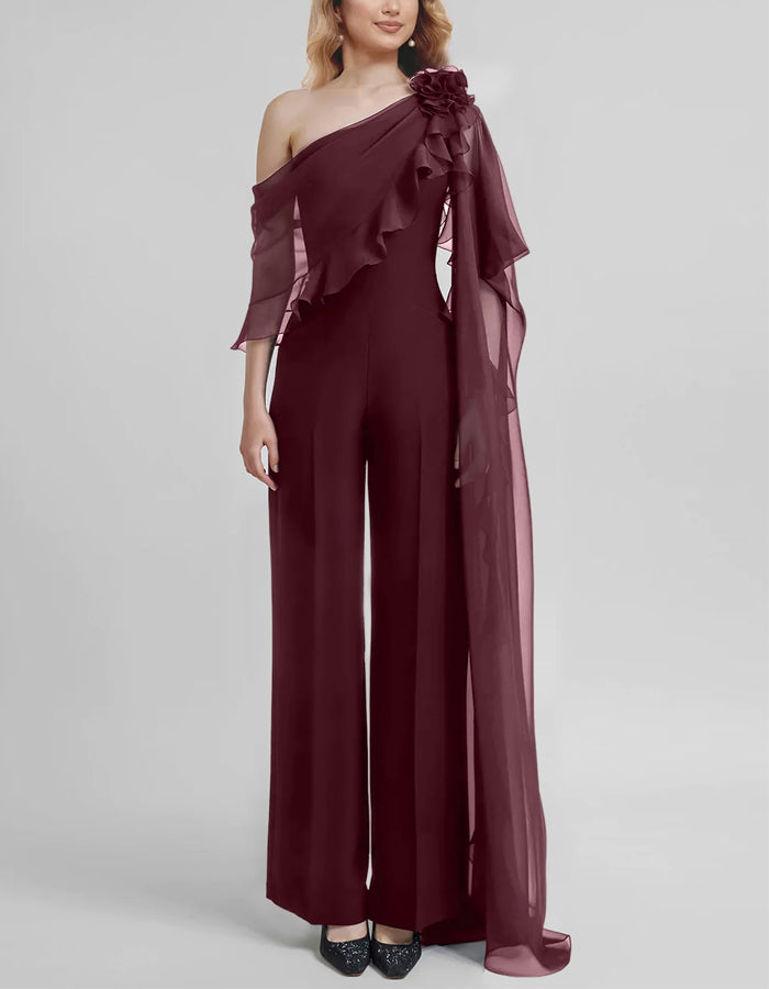 Solid Color One Shoulder Chiffon 3D Flower Jumpsuit
