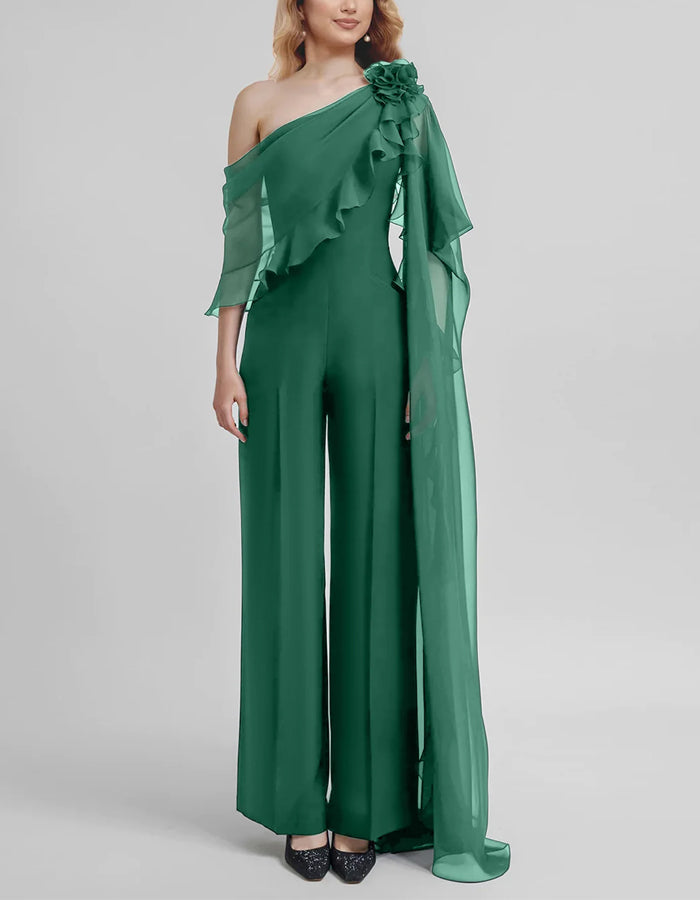 Solid Color One Shoulder Chiffon 3D Flower Jumpsuit