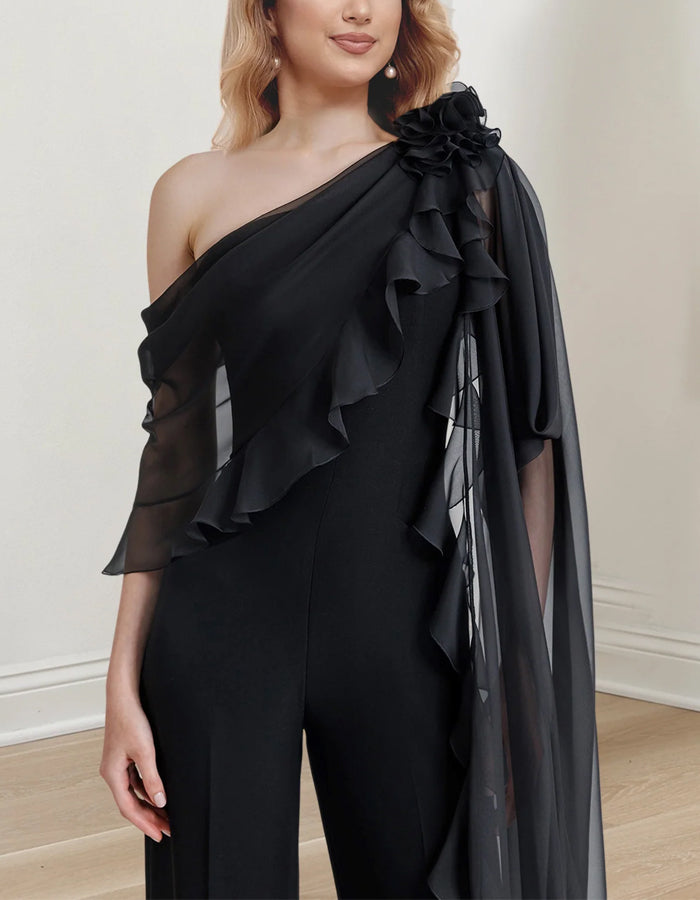 Solid Color One Shoulder Chiffon 3D Flower Jumpsuit