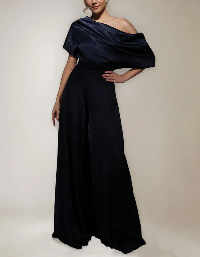 Dark Blue Satin Shoulder Jumpsuit