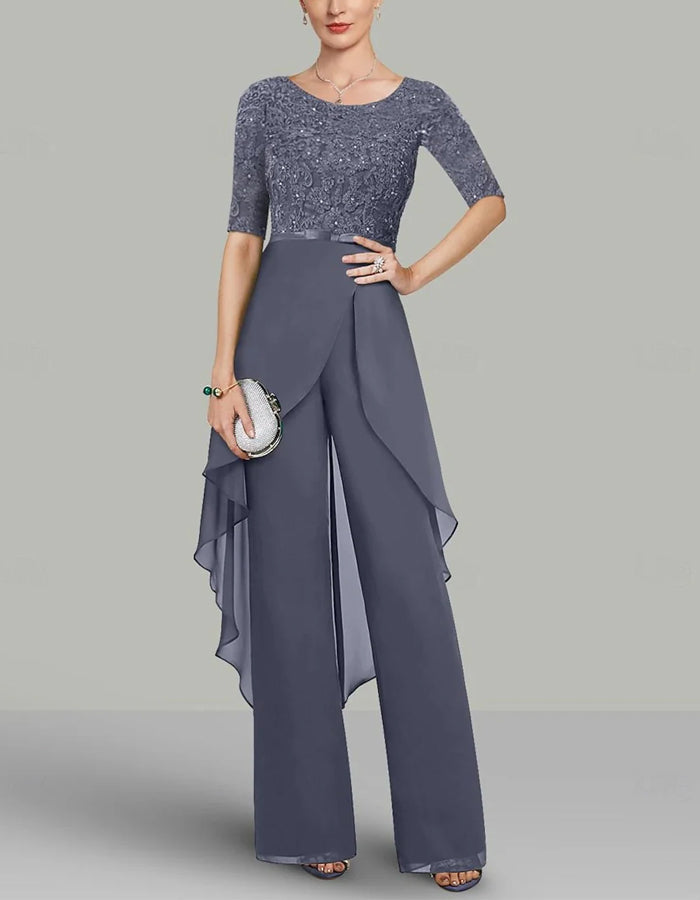Grey Sequined Chiffon Jumpsuit
