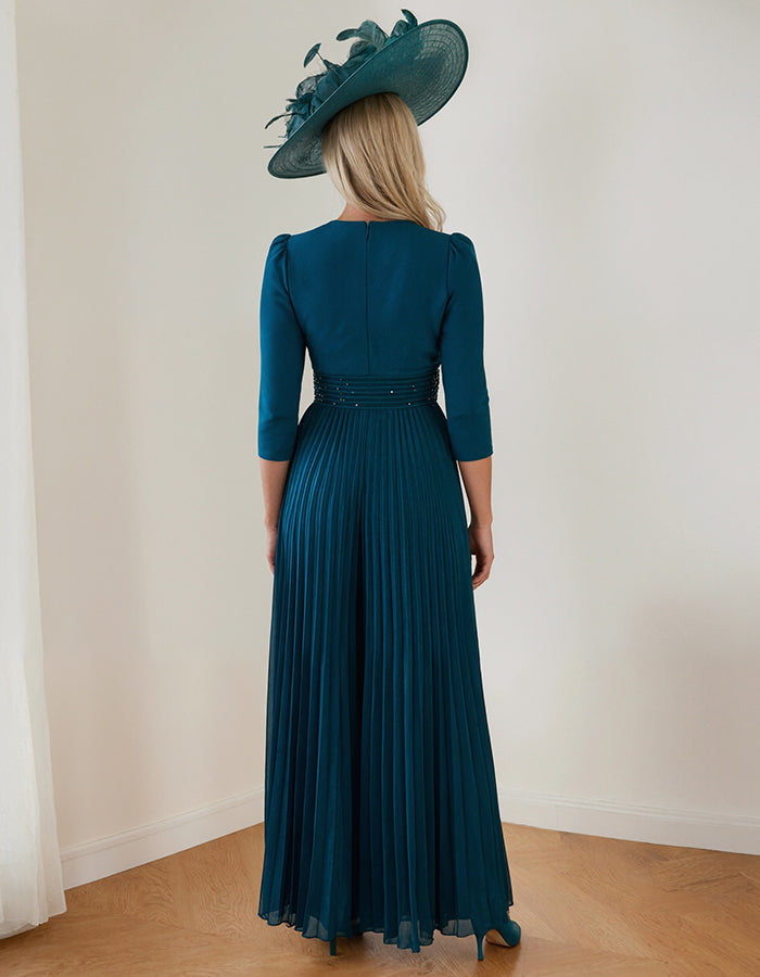 Peacock Green V-Neck Chiffon Sequin Long Sleeve Jumpsuit