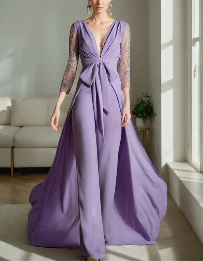 Light Purple V-neck Chiffon Long Sleeve Jumpsuit