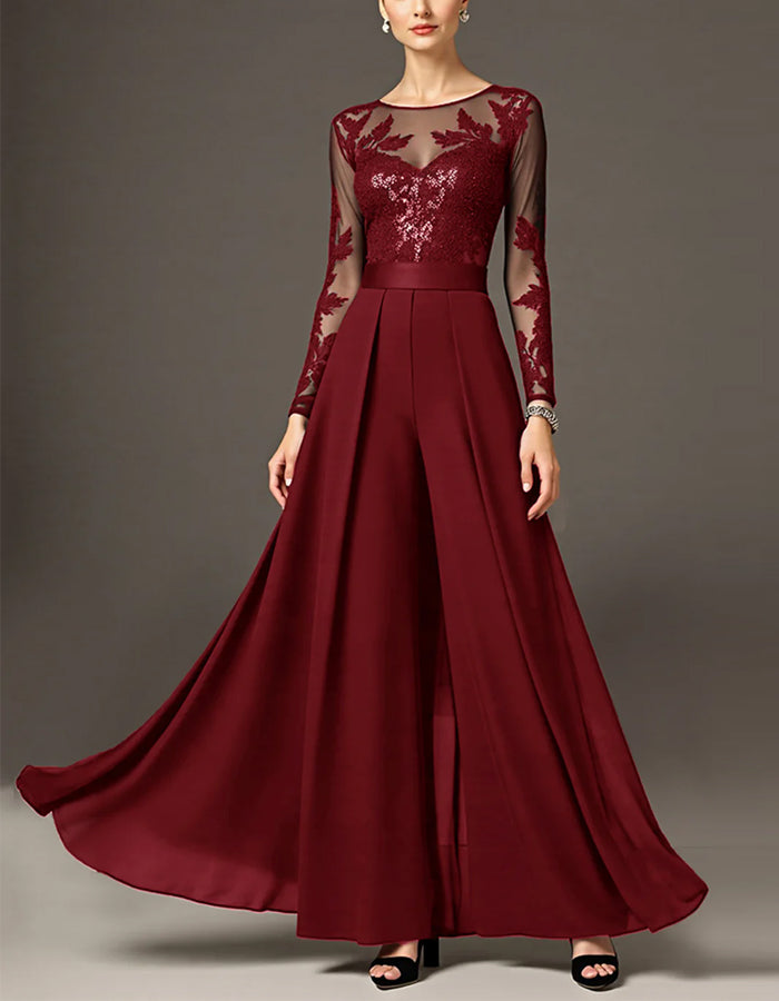 Black Round Neck Lace Sequined Chiffon Jumpsuit