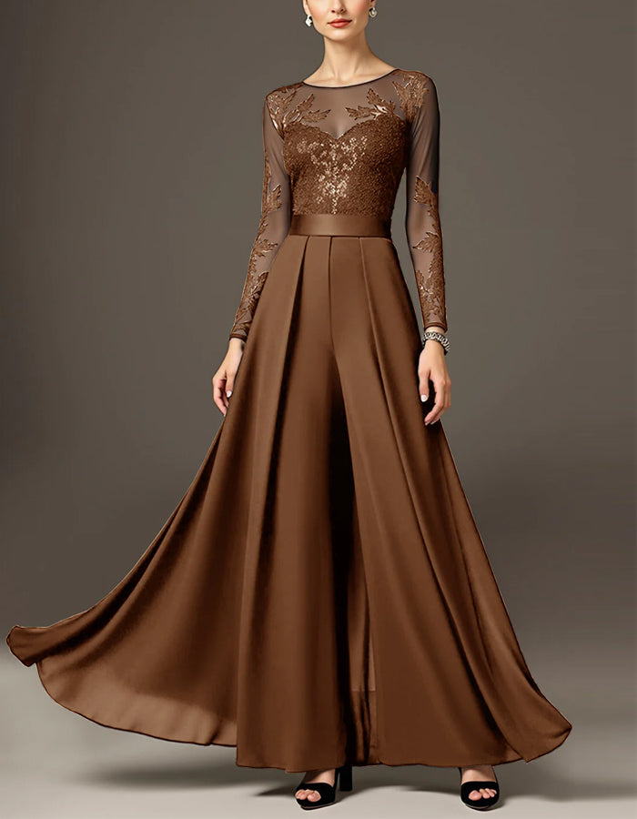 Black Round Neck Lace Sequined Chiffon Jumpsuit