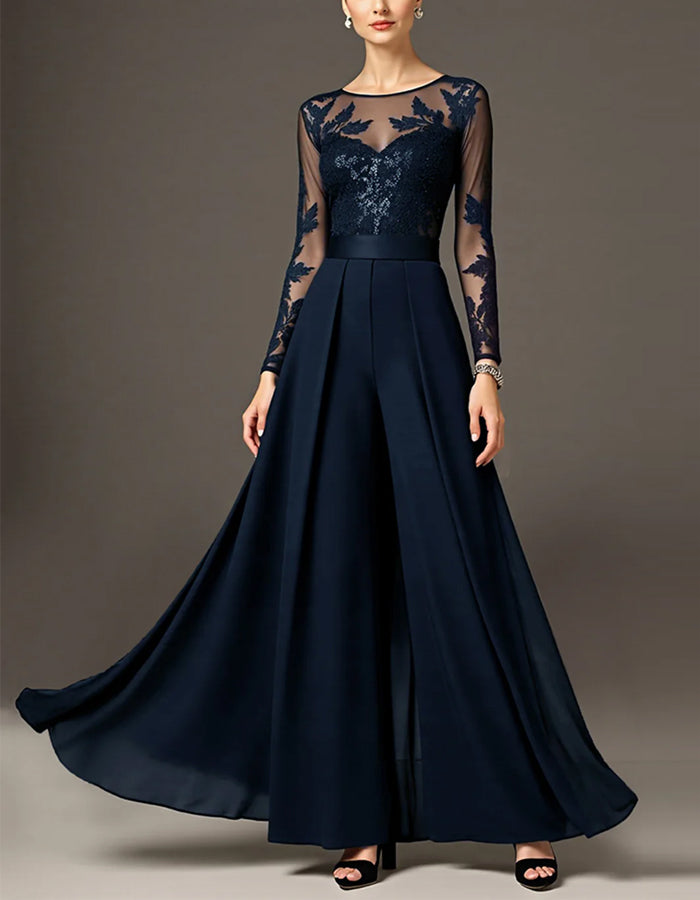 Black Round Neck Lace Sequined Chiffon Jumpsuit