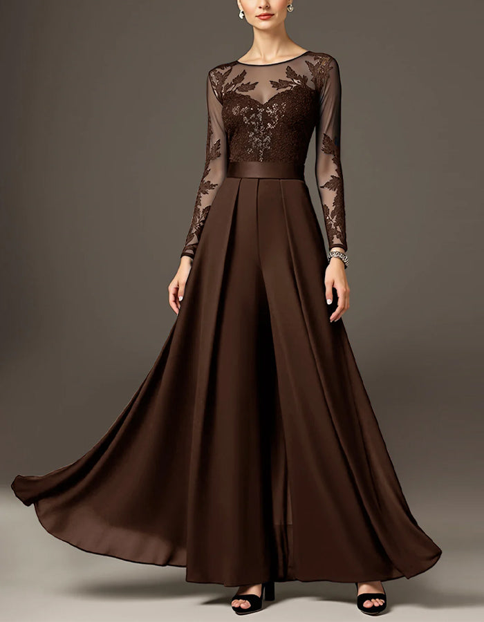 Black Round Neck Lace Sequined Chiffon Jumpsuit