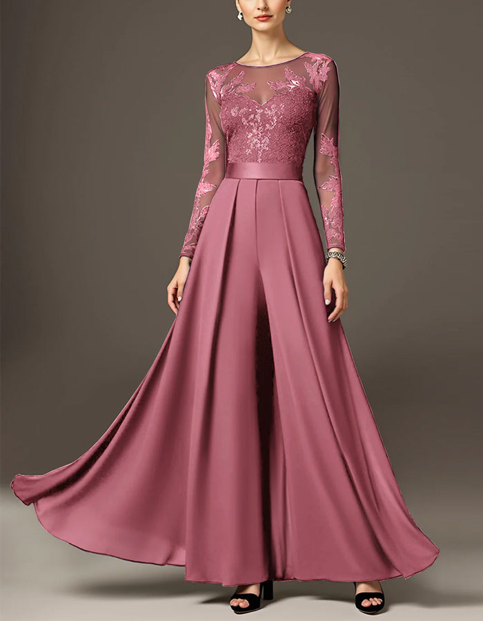 Black Round Neck Lace Sequined Chiffon Jumpsuit