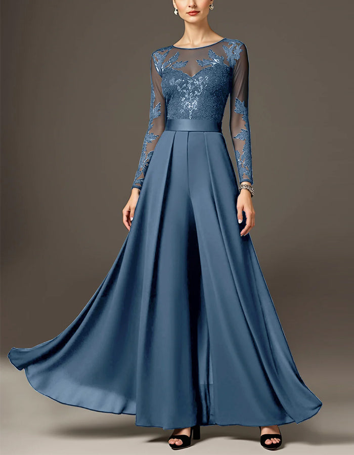 Black Round Neck Lace Sequined Chiffon Jumpsuit