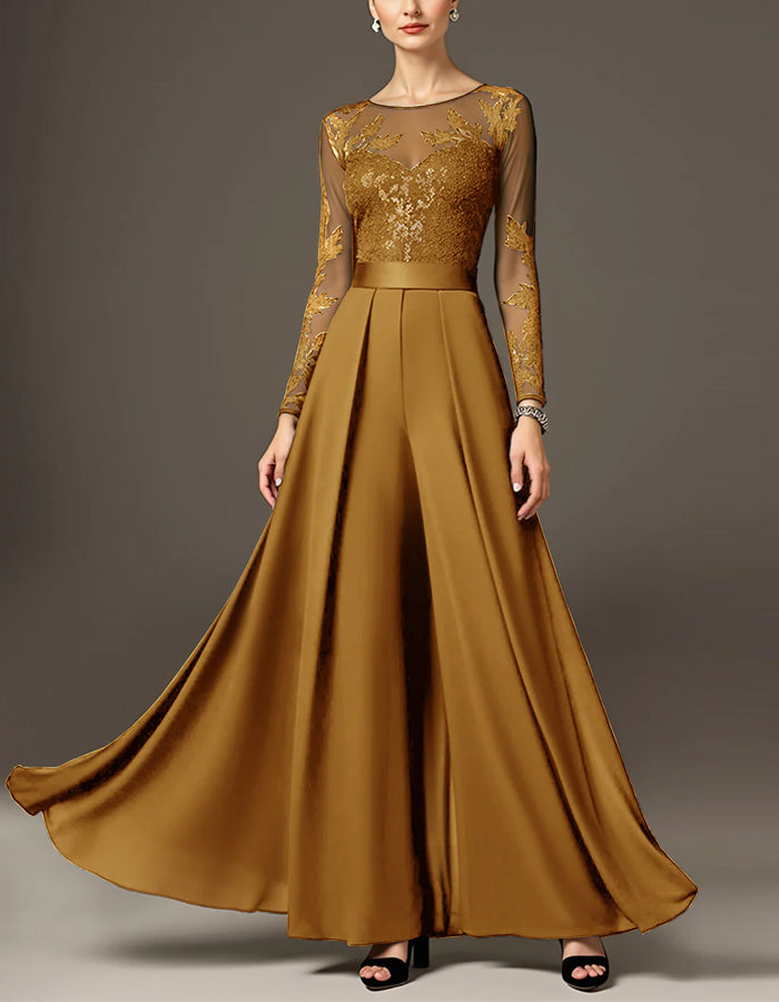 Black Round Neck Lace Sequined Chiffon Jumpsuit