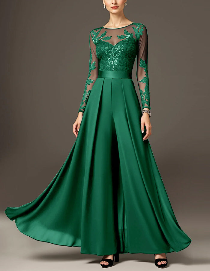 Black Round Neck Lace Sequined Chiffon Jumpsuit