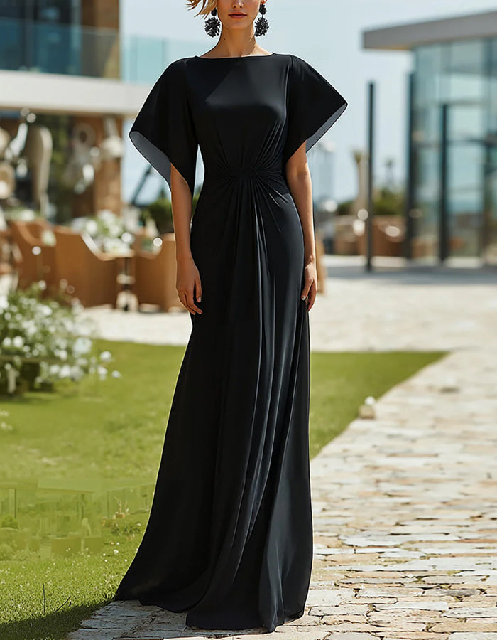 Vestido largo de chifón negro de manga corta