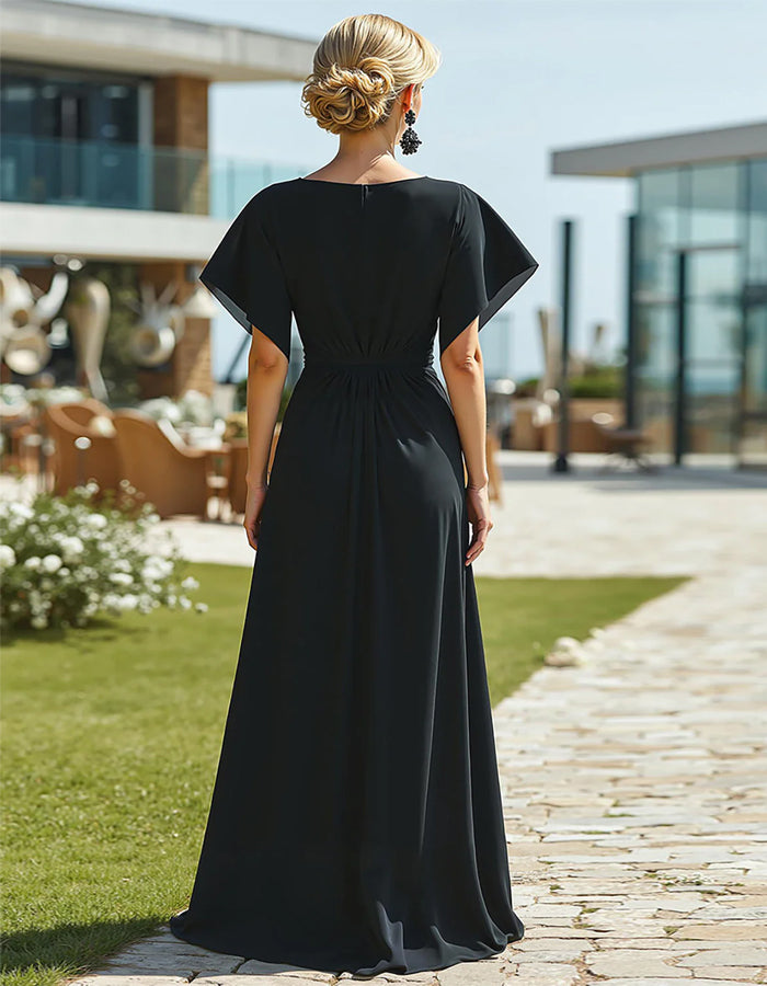 Black Short Sleeved Chiffon Maxi Dress