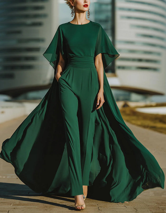 Green Round Neck Chiffon Jumpsuit
