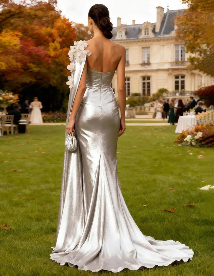 Silver 3D Floral Shawl Maxi Dress