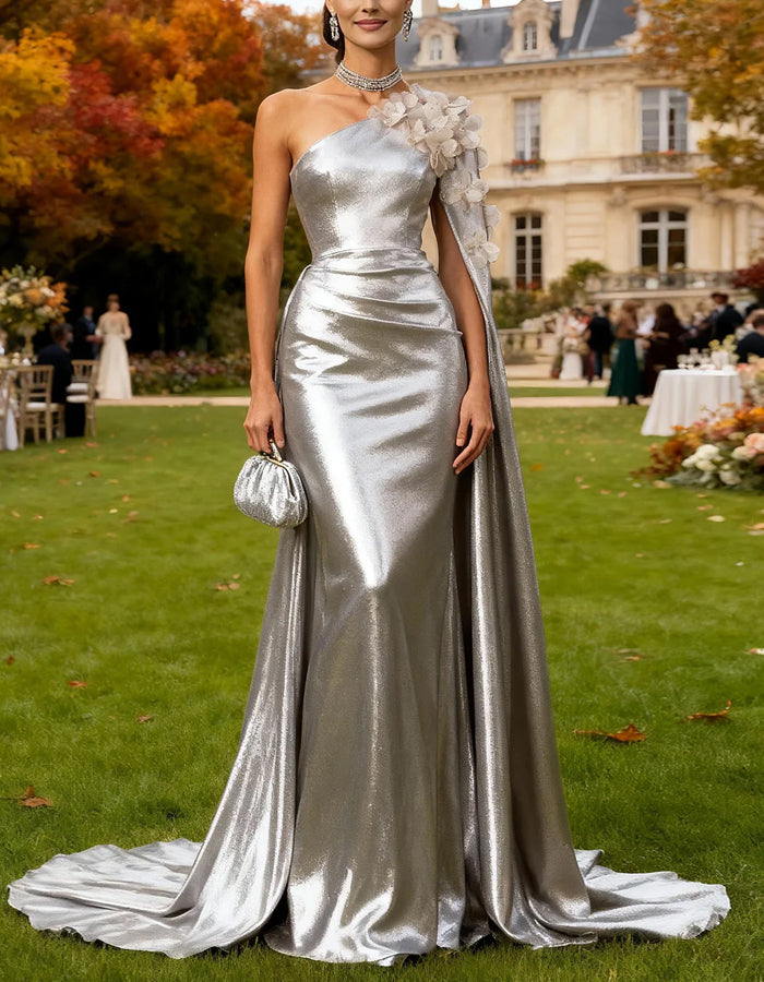 Silver 3D Floral Shawl Maxi Dress