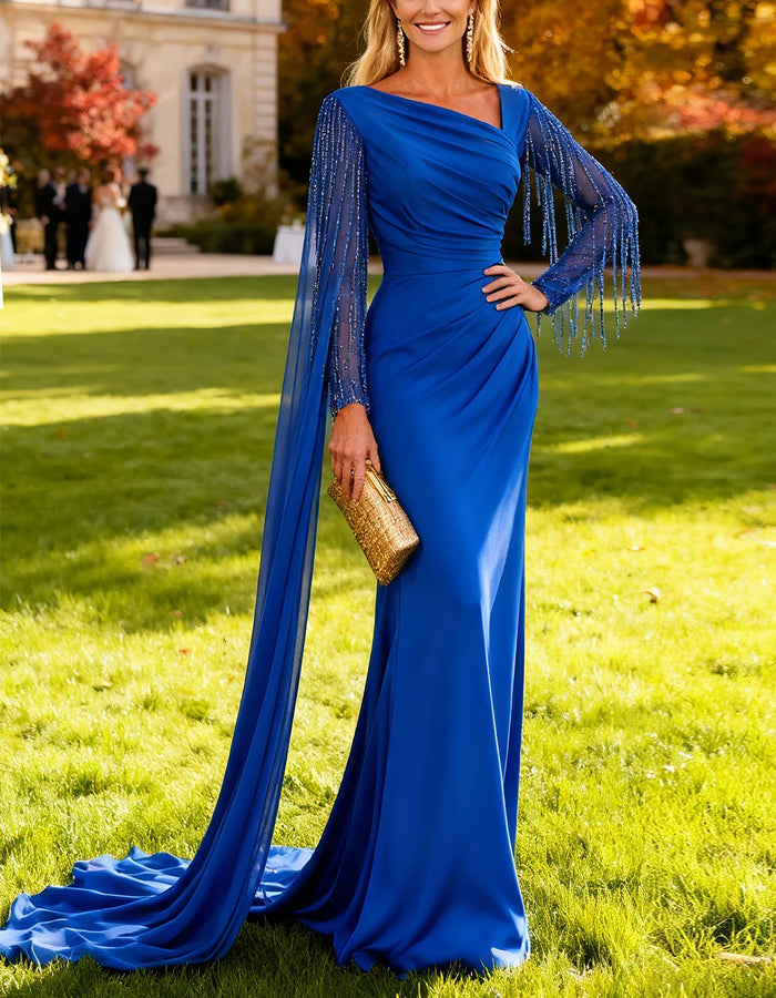 Vestido maxi plisado chal azul rey