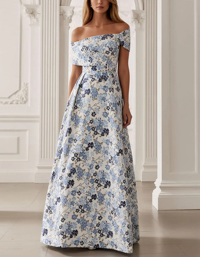 Blue Floral Off Shoulder Maxi Dress