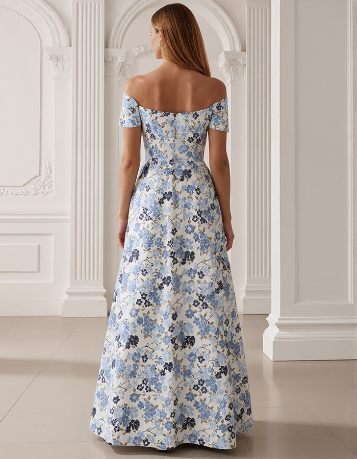 Blue Floral Off Shoulder Maxi Dress