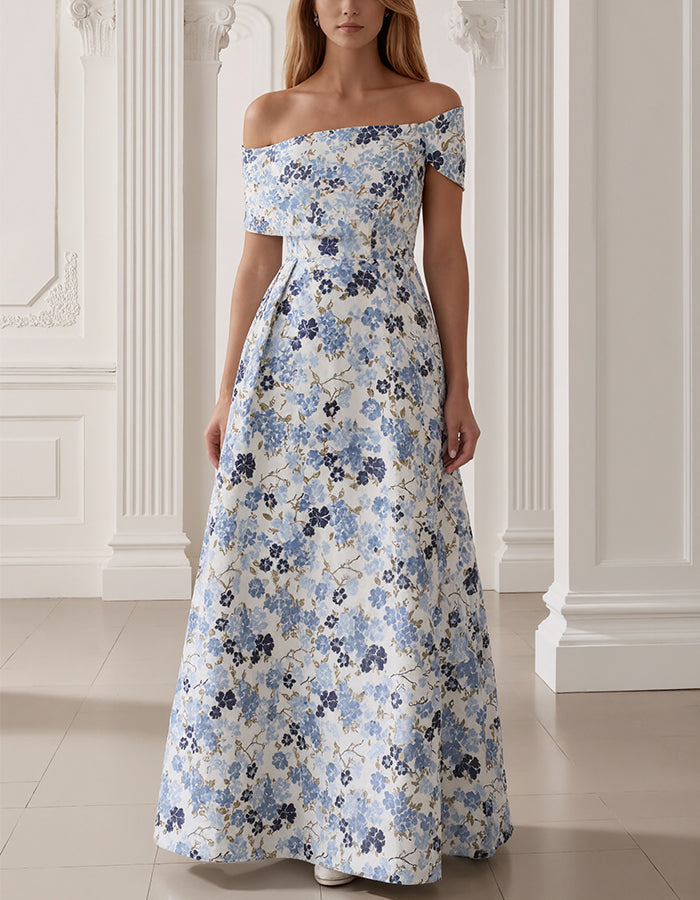 Blue Floral Off Shoulder Maxi Dress