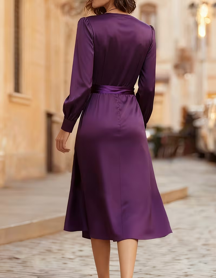 Deep Purple Satin Wrap Midi Dress
