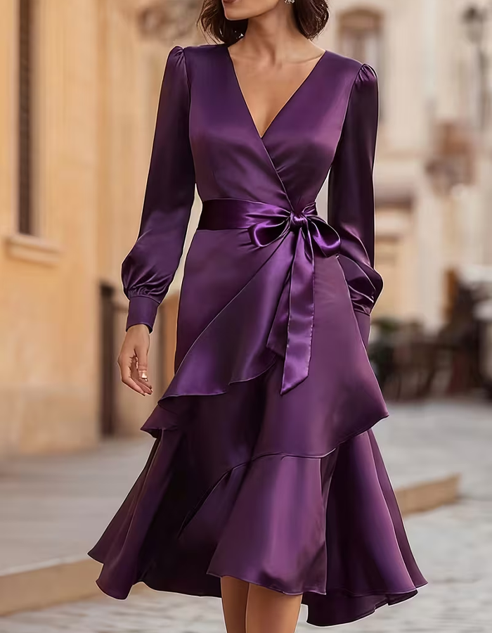 Deep Purple Satin Wrap Midi Dress