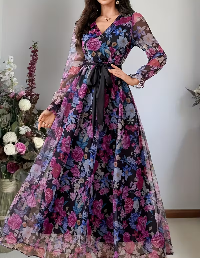 Maxivestido de gasa con estampado floral vibrante