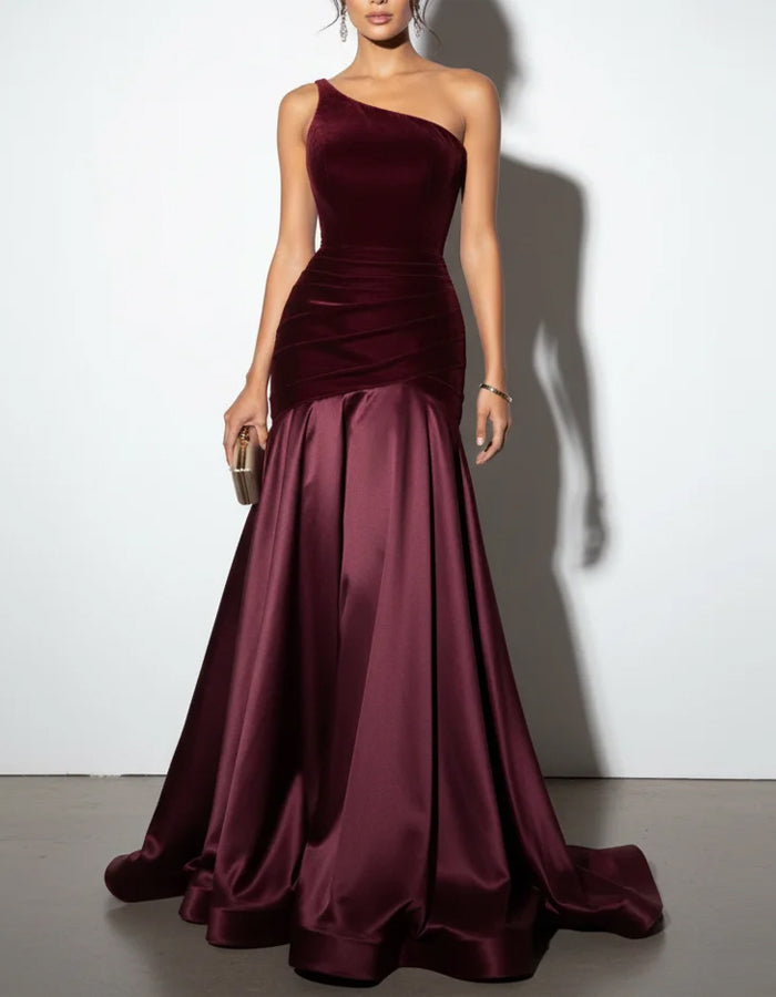 Solid Color One Shoulder Velvet Satin Patchwork Maxi Dress