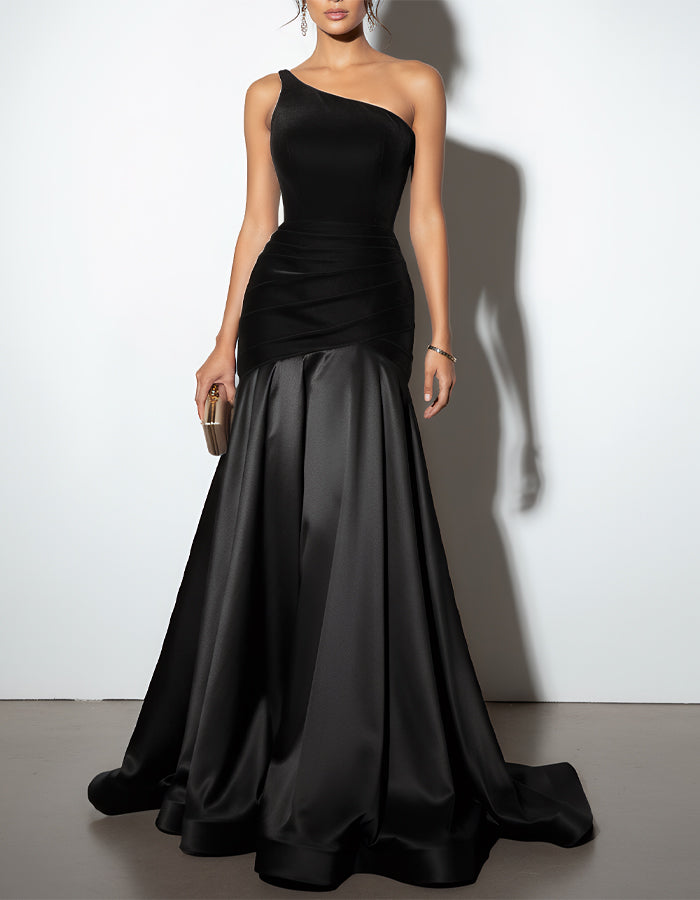 Solid Color One Shoulder Velvet Satin Patchwork Maxi Dress