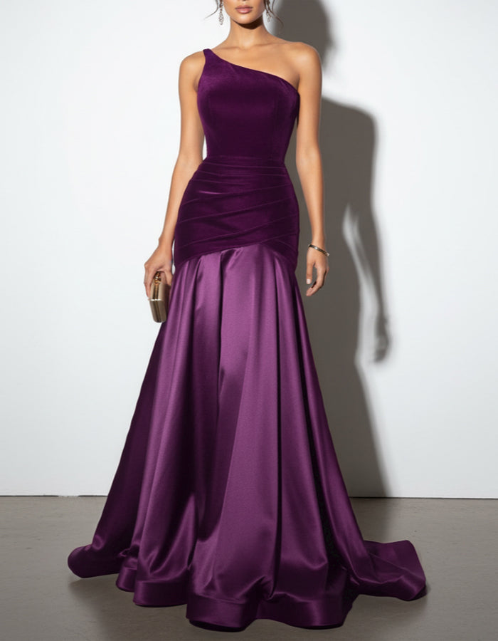 Solid Color One Shoulder Velvet Satin Patchwork Maxi Dress