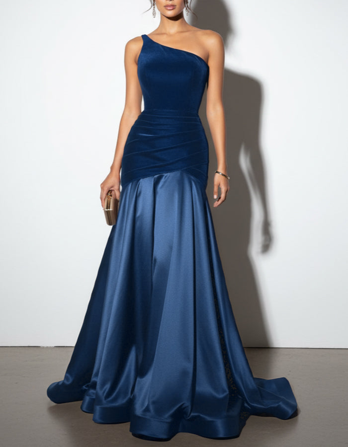 Solid Color One Shoulder Velvet Satin Patchwork Maxi Dress