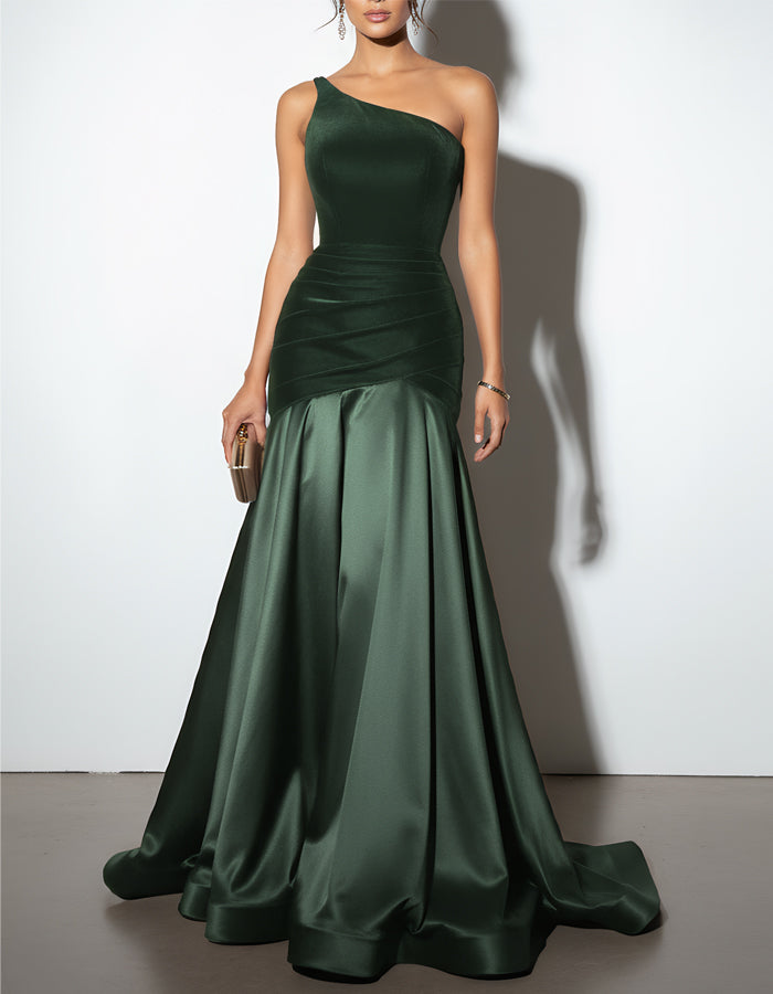 Solid Color One Shoulder Velvet Satin Patchwork Maxi Dress