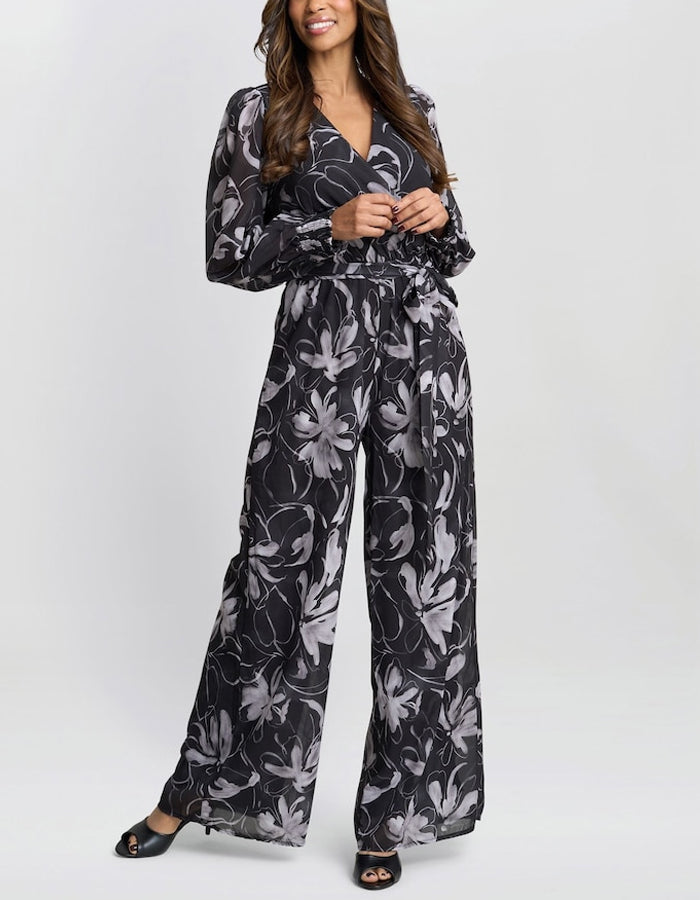 Black Chiffon Floral Long Sleeved Jumpsuit