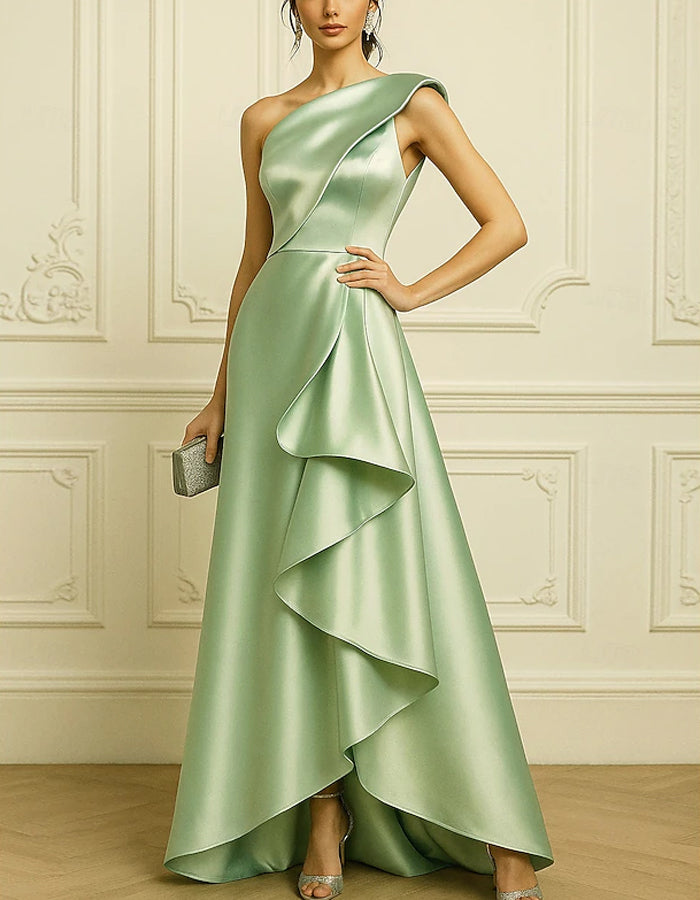 Solid Color Single Shoulder Satin Maxi Dress