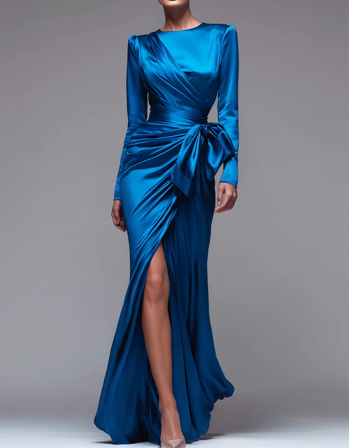 Vestido largo de sirena con cuello redondo de satén