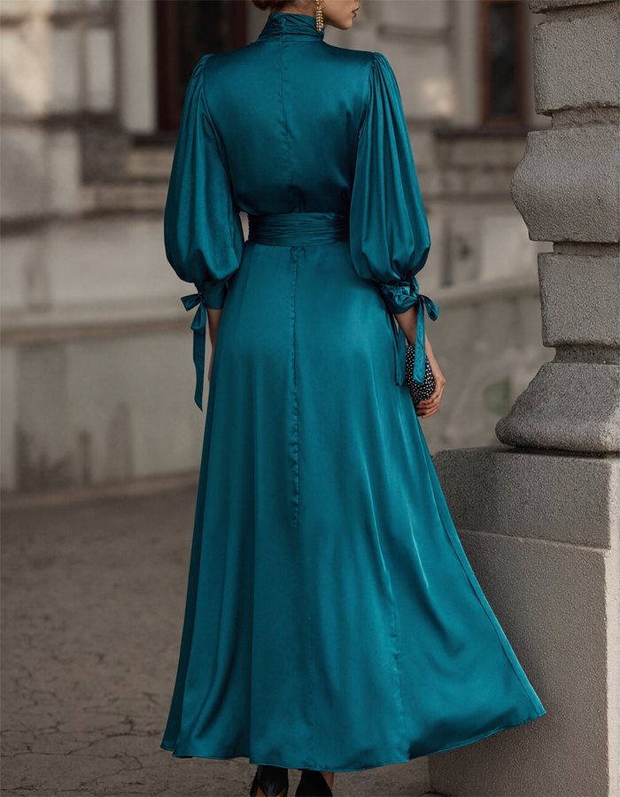 Satin High-Neck Fitted Waist Maxi Dress