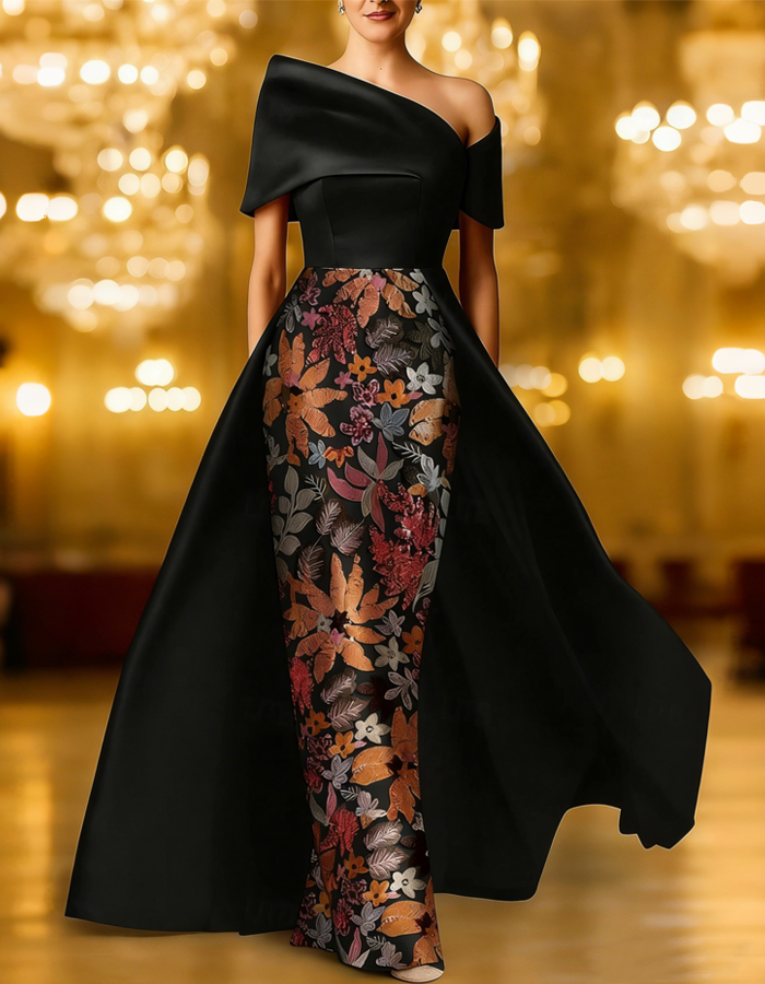 Vestido maxi de noche con estampado floral y corte sirena de satén