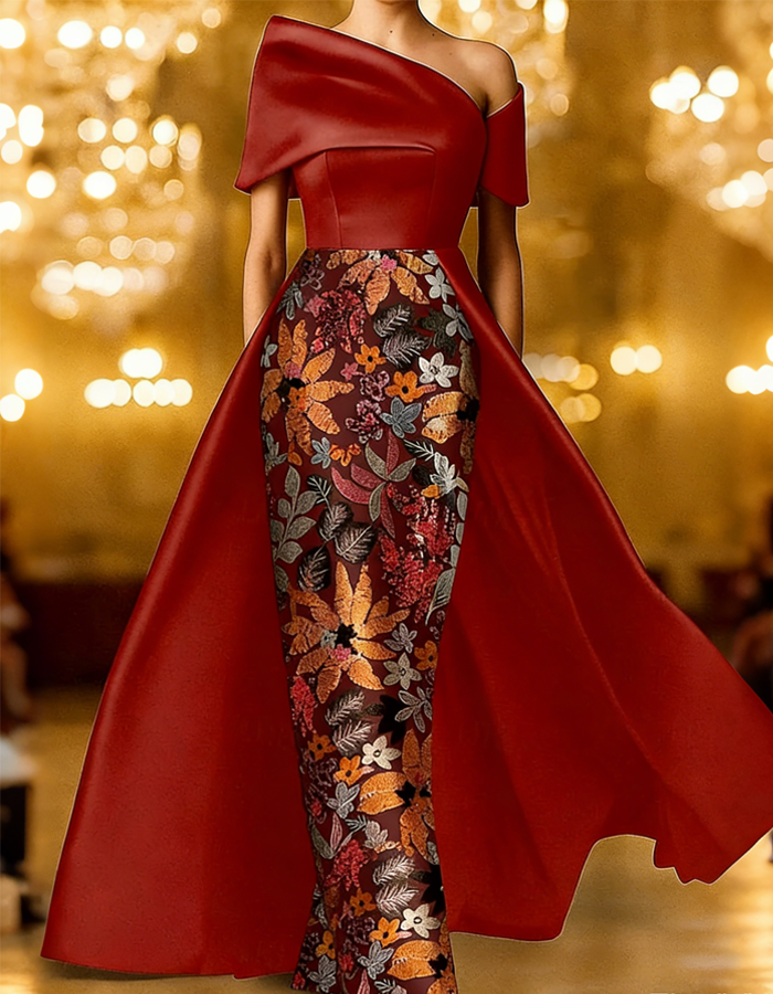Vestido maxi de noche con estampado floral y corte sirena de satén