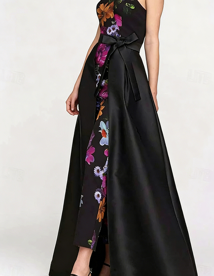 Black Satin One-Shoulder Printed Maxi Dress